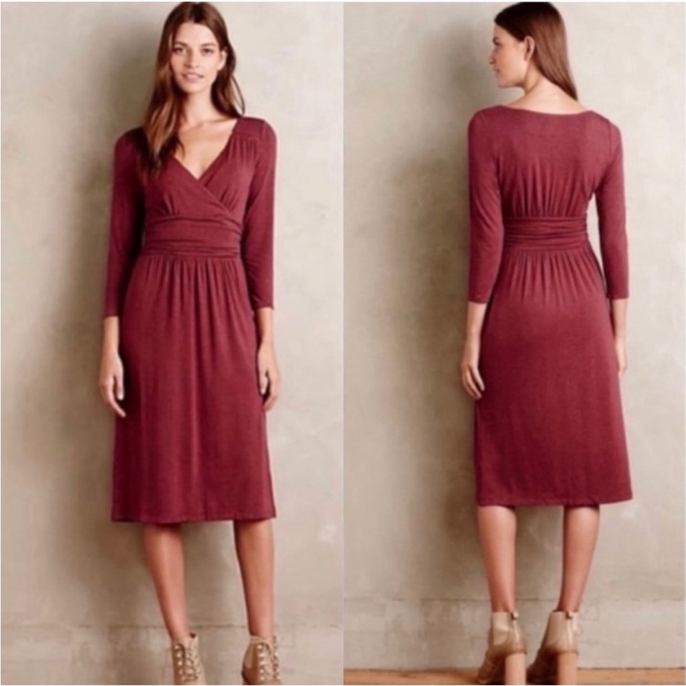 Maeve Anthropologie Burgundy Wrap-Front Dress